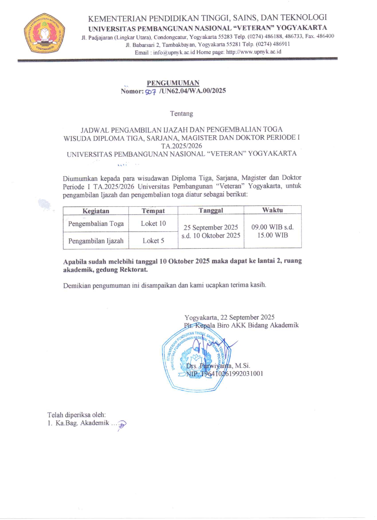 PENGUMUMAN Pengembalian Toga dan Pengambilan Ijazah  Periode I TA.2025/2026