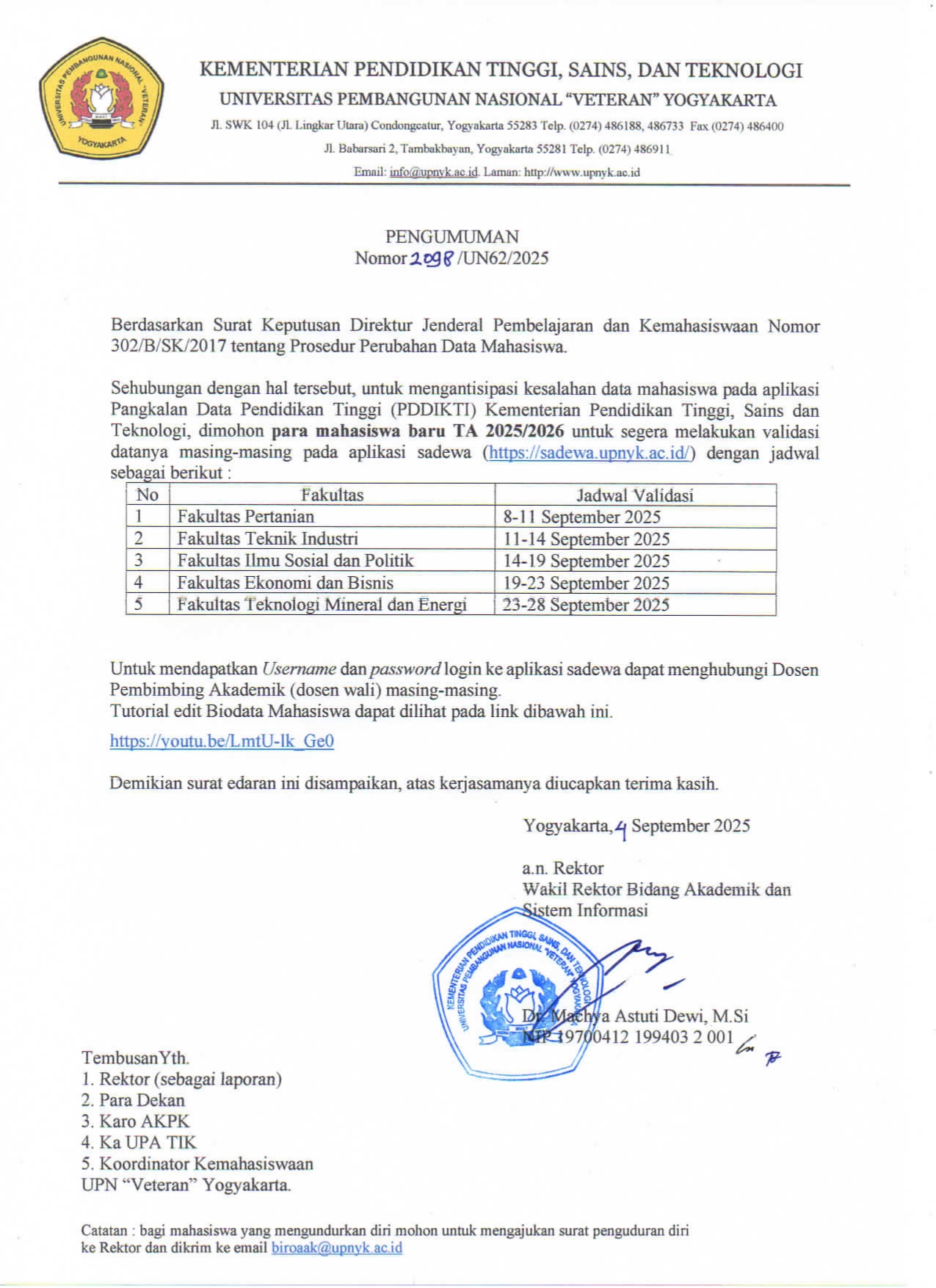 Pengumuman Validasi Data Mahasiswa Angkatan 2025