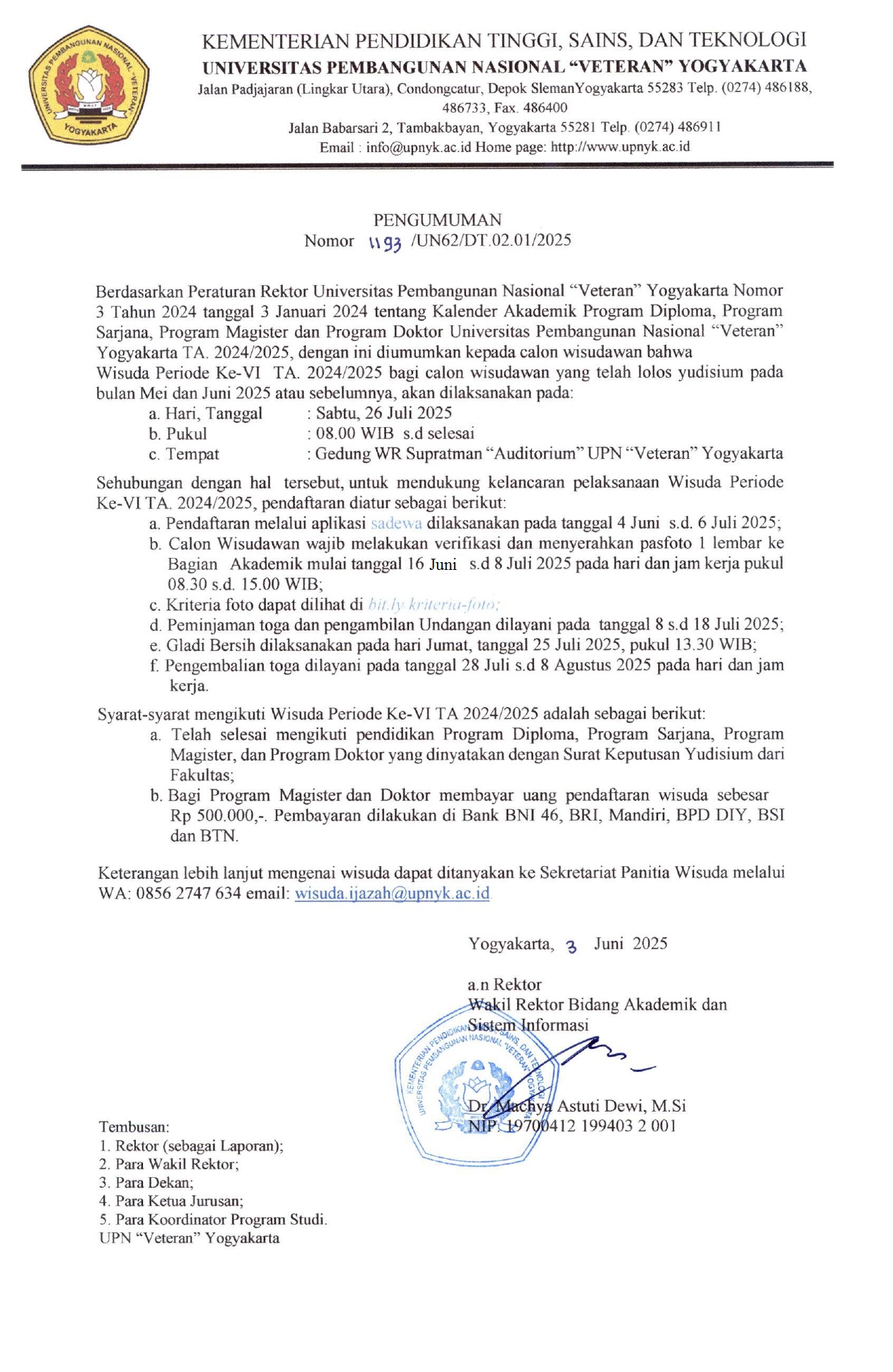 Pengumuman Wisuda Periode VI - 26 Juli 2025